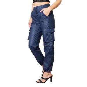 Kancan Vegan Faux Leather Jogger Pants Size Large Blue Cargo High Waist